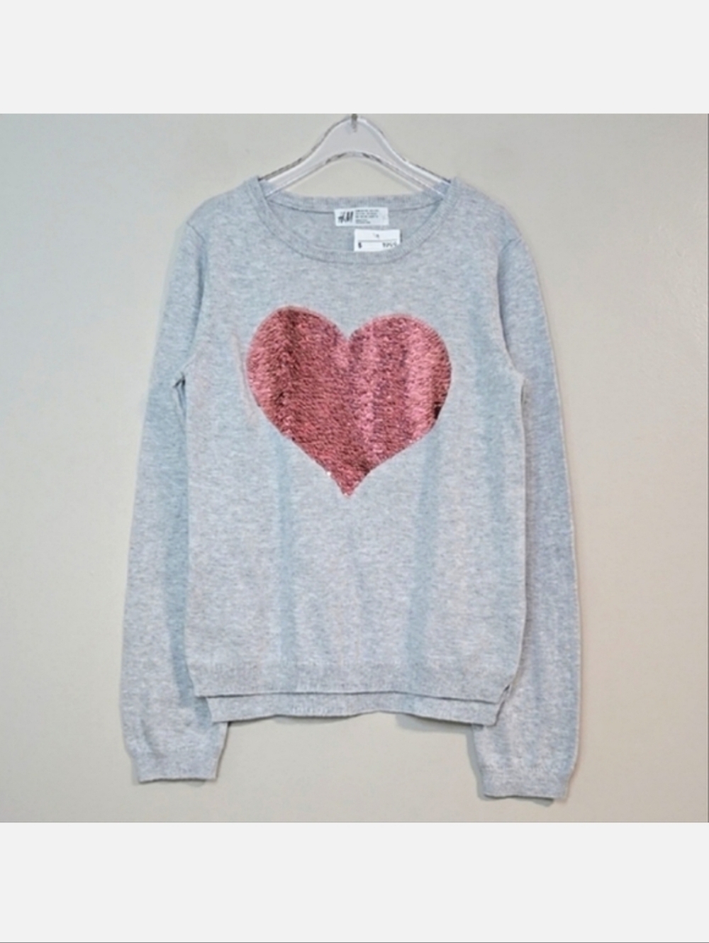 H&M Grey Cotton Flip Sweater W/ Pink/Silver Heart, Size 8-10 ~ NWT